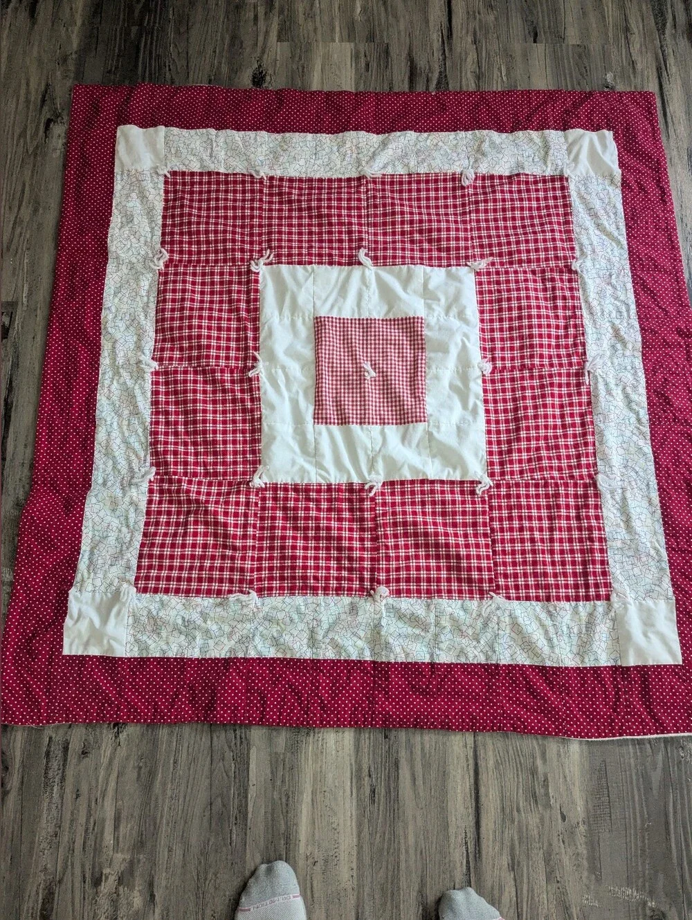 Red & White Patchwork Homemade Baby Quilt